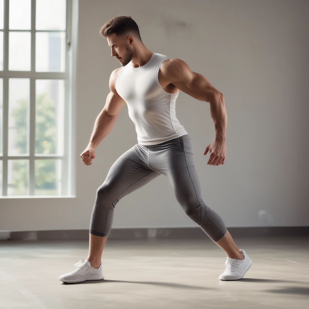 A plate filled with grilled fish, rice, and a fresh salad composed of greens, tomatoes, and spiralized vegetables. A small container of dressing is on the side. Next to the plate, there is a bottle of sparkling water being held by a hand with blue-painted nails. A drink with cucumber slices arranged on top sits nearby, accompanied by a bowl of seasoned shrimp.